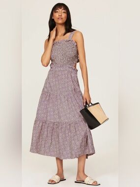 Sea New York Ida Floral Smocked Prairie Midi Dress Lilac Large